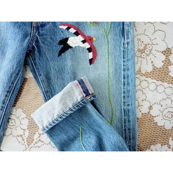 Kapital Japan Stonewash Denim Floral Bird Embroidered Jeans 28 est 25 - Picture 8 of 15